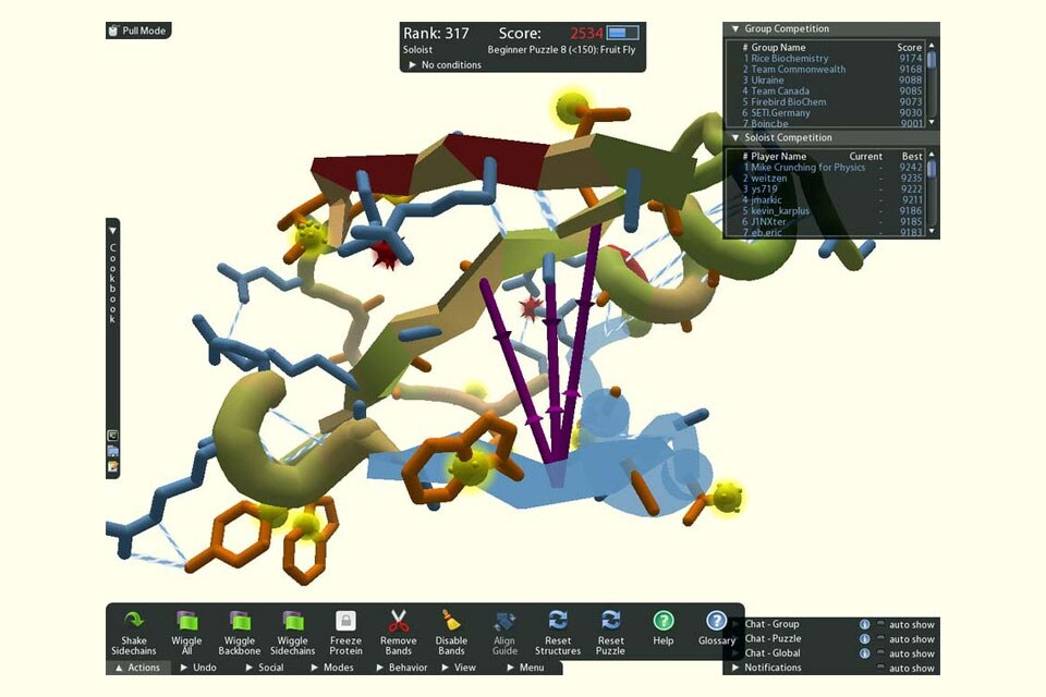 Het 3D-model van een eiwit in de game FoldIt. (Beeld FoldIt)