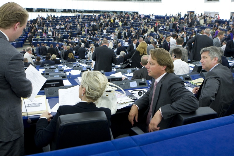 VV Europarlementsleden namens Nederland, Daniel van der Stoep, Barry Madlener, Laurence Stassen en Louis Bontes (vlnr). © anp