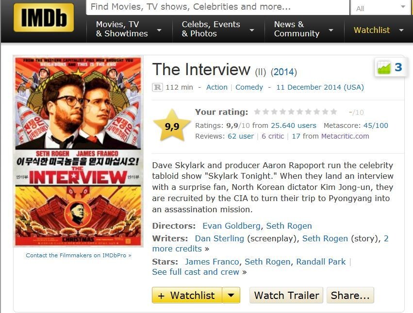 The Interview scoort ongezien bijna perfecte 10 op IMDB