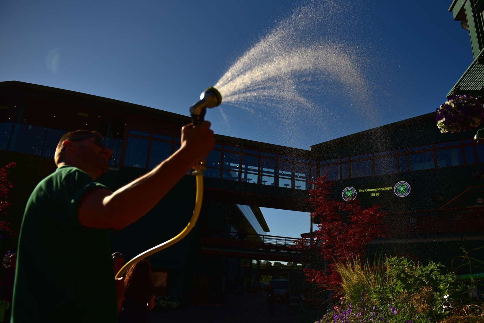 De plantjes worden water gegeven op Wimbledon