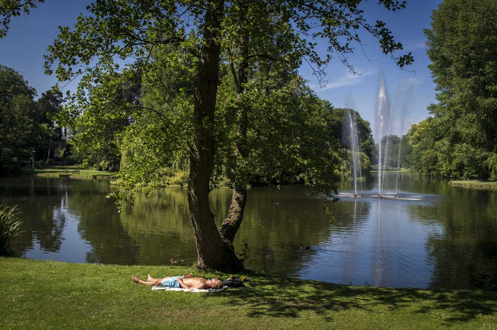 Een zonaanbidder pakt wat zonneschijn in het Wilhelminapark in Utrecht.