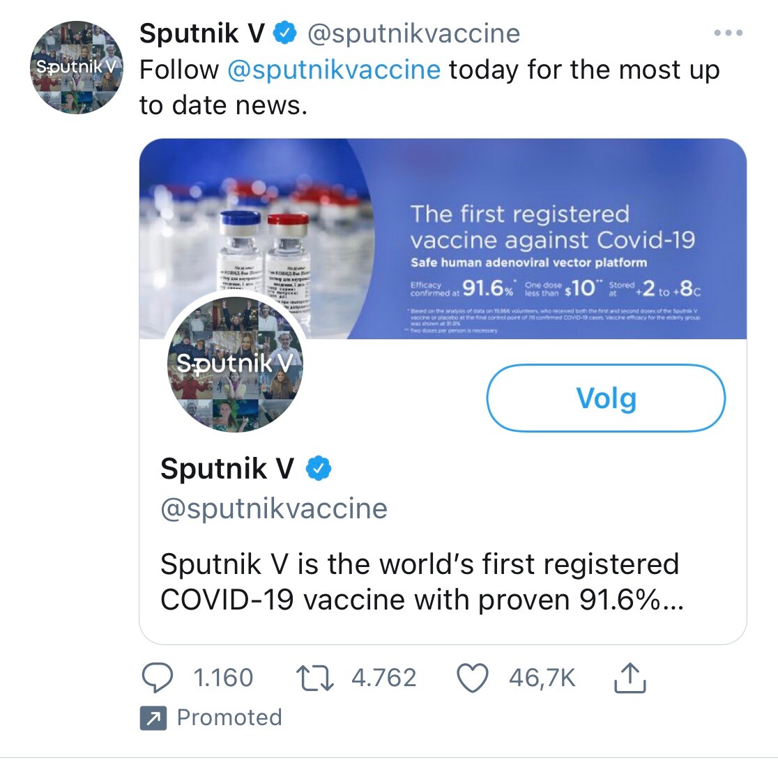 Makers Spoetnik-vaccin voeren in Nederland campagne met verboden en misleidende advertenties