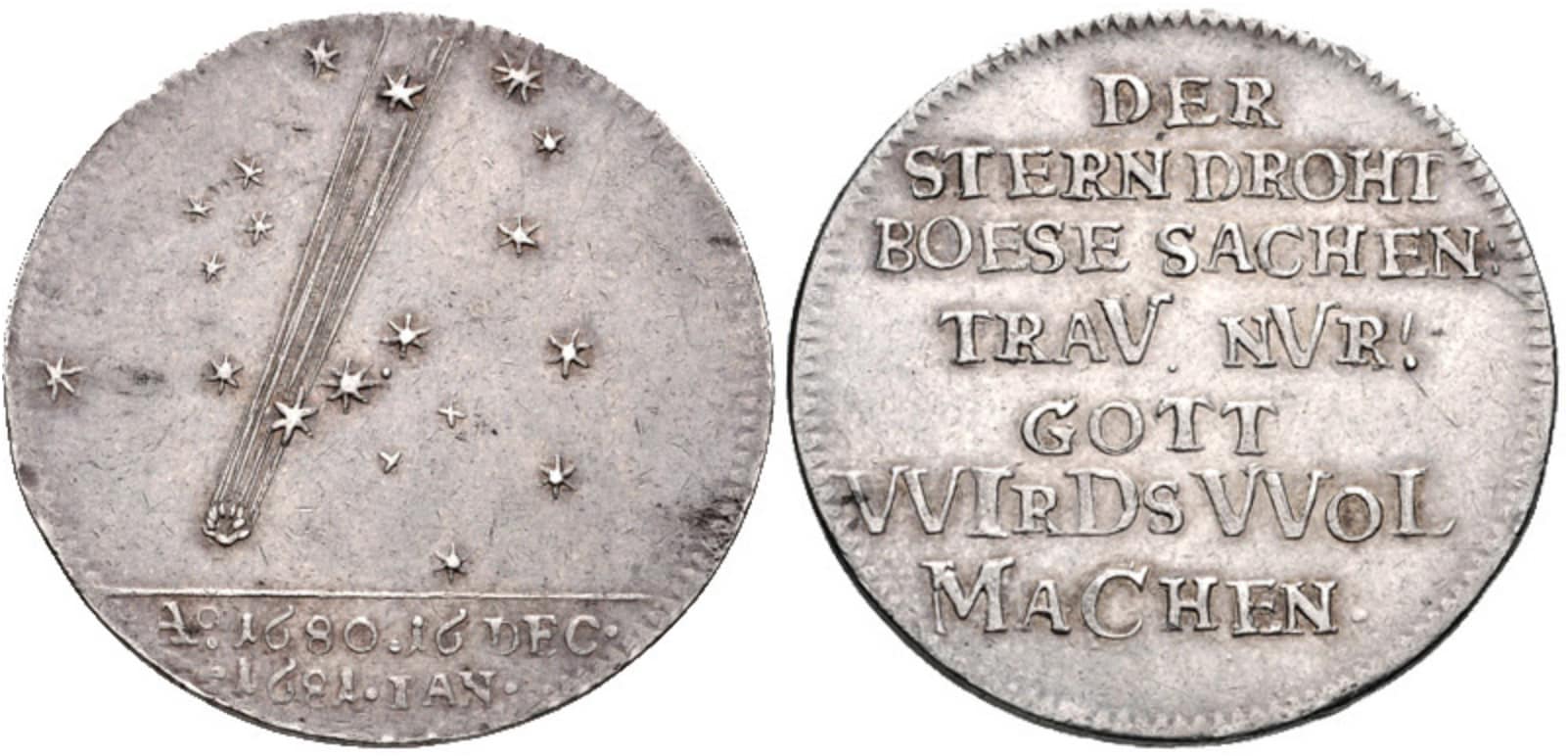 Duitse munt met de komeet van Kirch uit 1680 en de tekst: ‘Der stern droht böse sachen. Trau nur! Gott wirds wol machen’