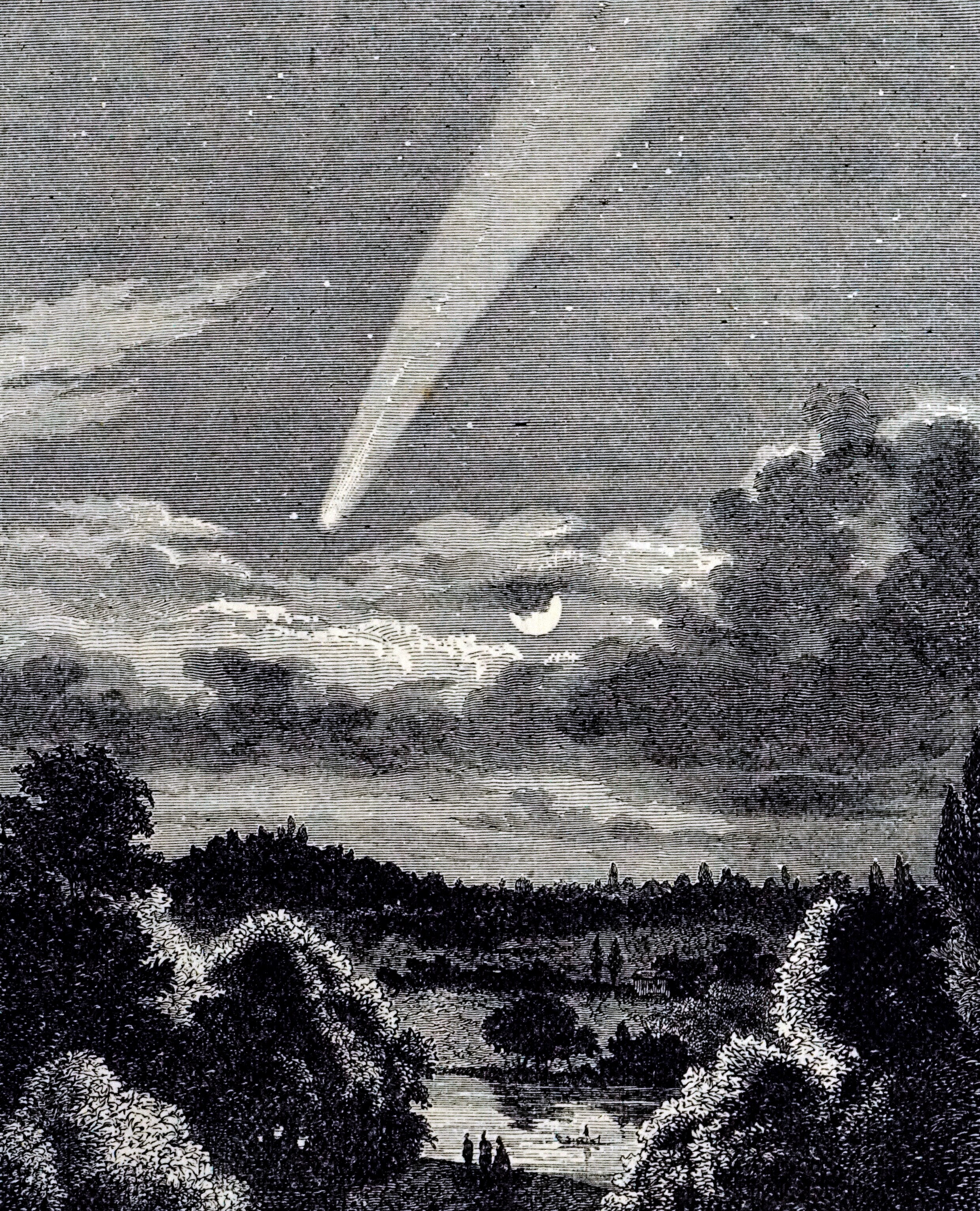 Houtsnede van de grote komeet van 1843. Eind negentiende eeuw was het de Duitse astronoom Heinrich Kreutz die als eerste suggereerde dat de grote kometen van 1843, 1880 en 1882 fragmenten waren van een en hetzelfde ijzige hemellichaam.