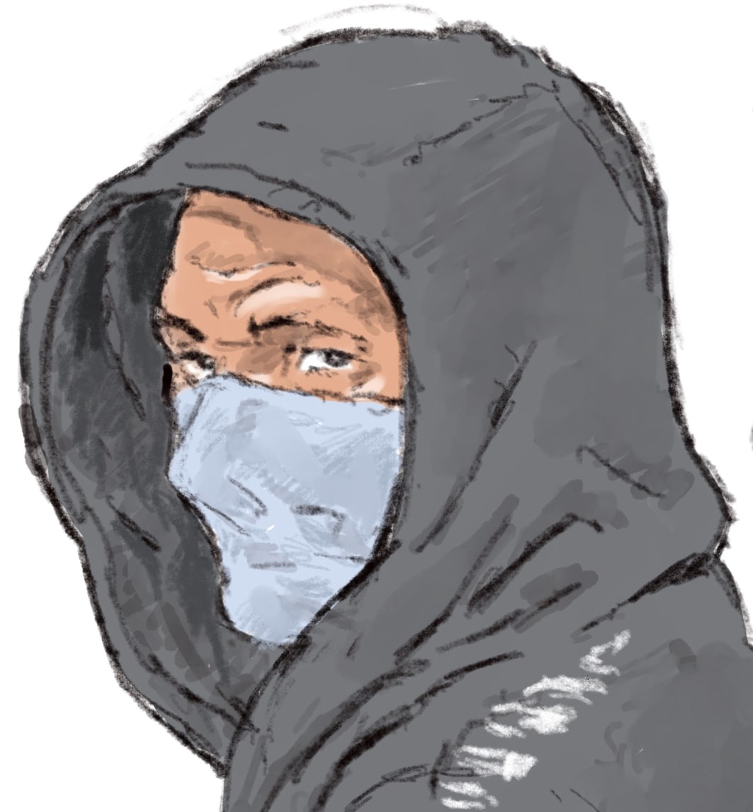 Rechtbanktekening van Krystian M. tijdens de pro-formazitting in de strafzaken Iraklia en Hendon, over de dood van Peter R. de Vries.