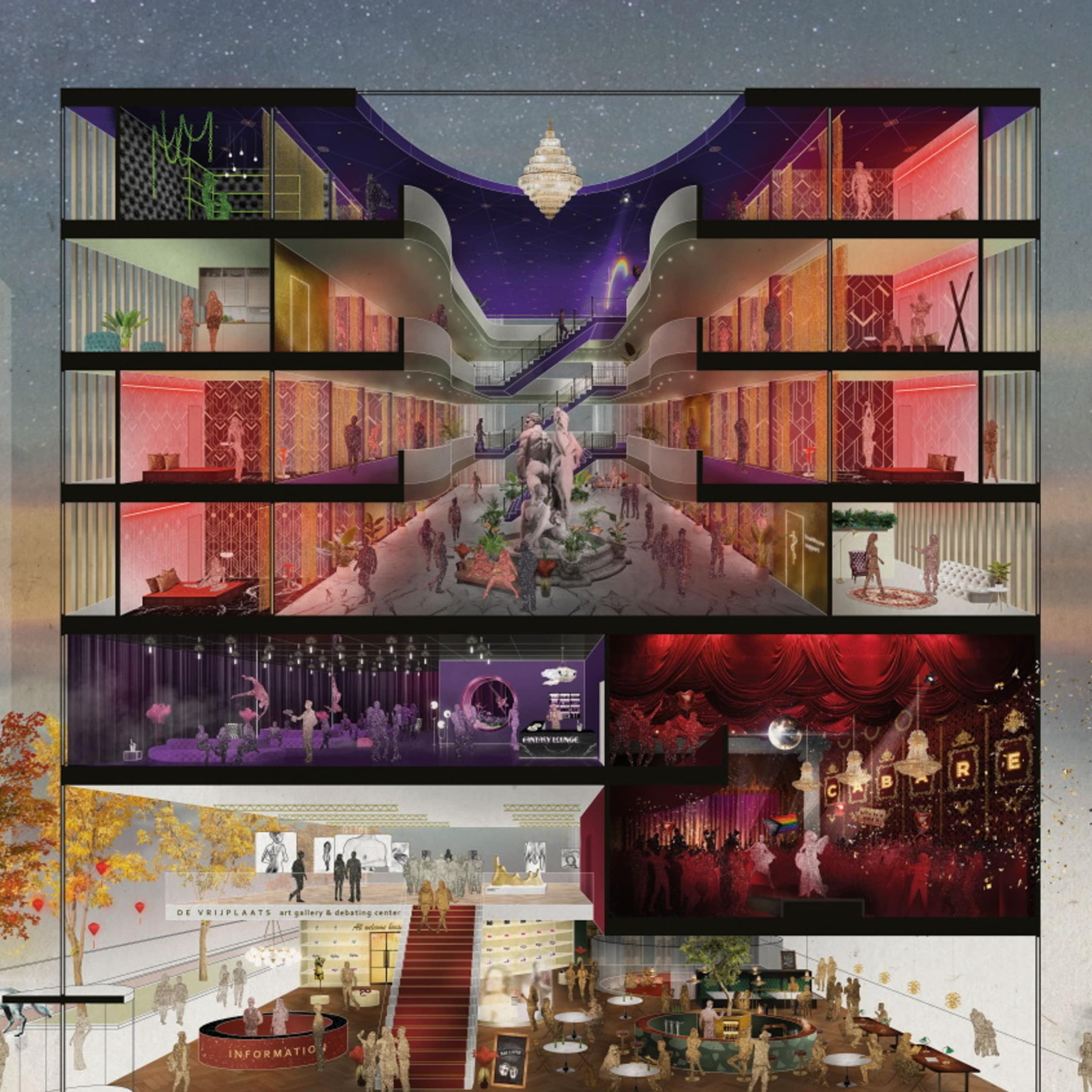 Een voorstelling van hoe het erotisch centrum eruit zou komen te zien.