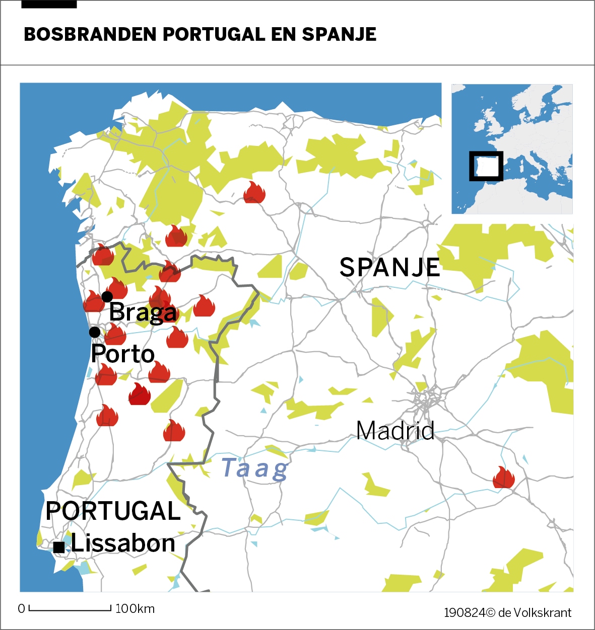 Bosbranden teisteren Spanje, Portugal en Sardinië: 7.000 hectare in de as in Portugal