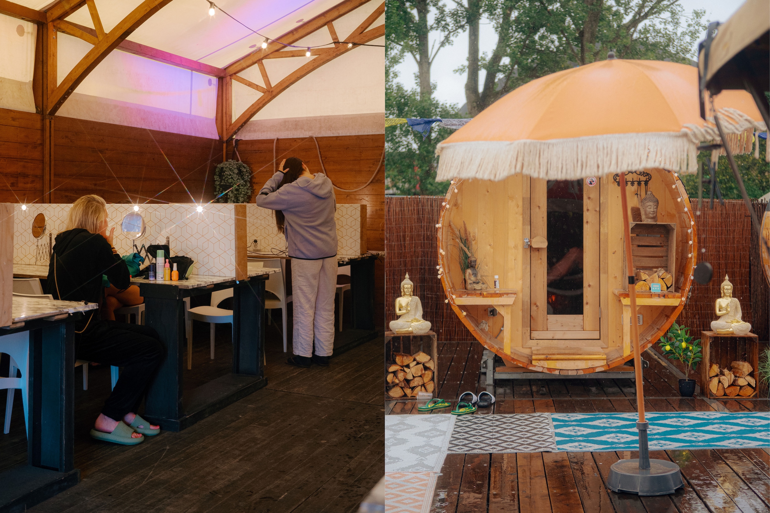 Links: de make-upruimte. Rechts: de sauna/mini-spa.