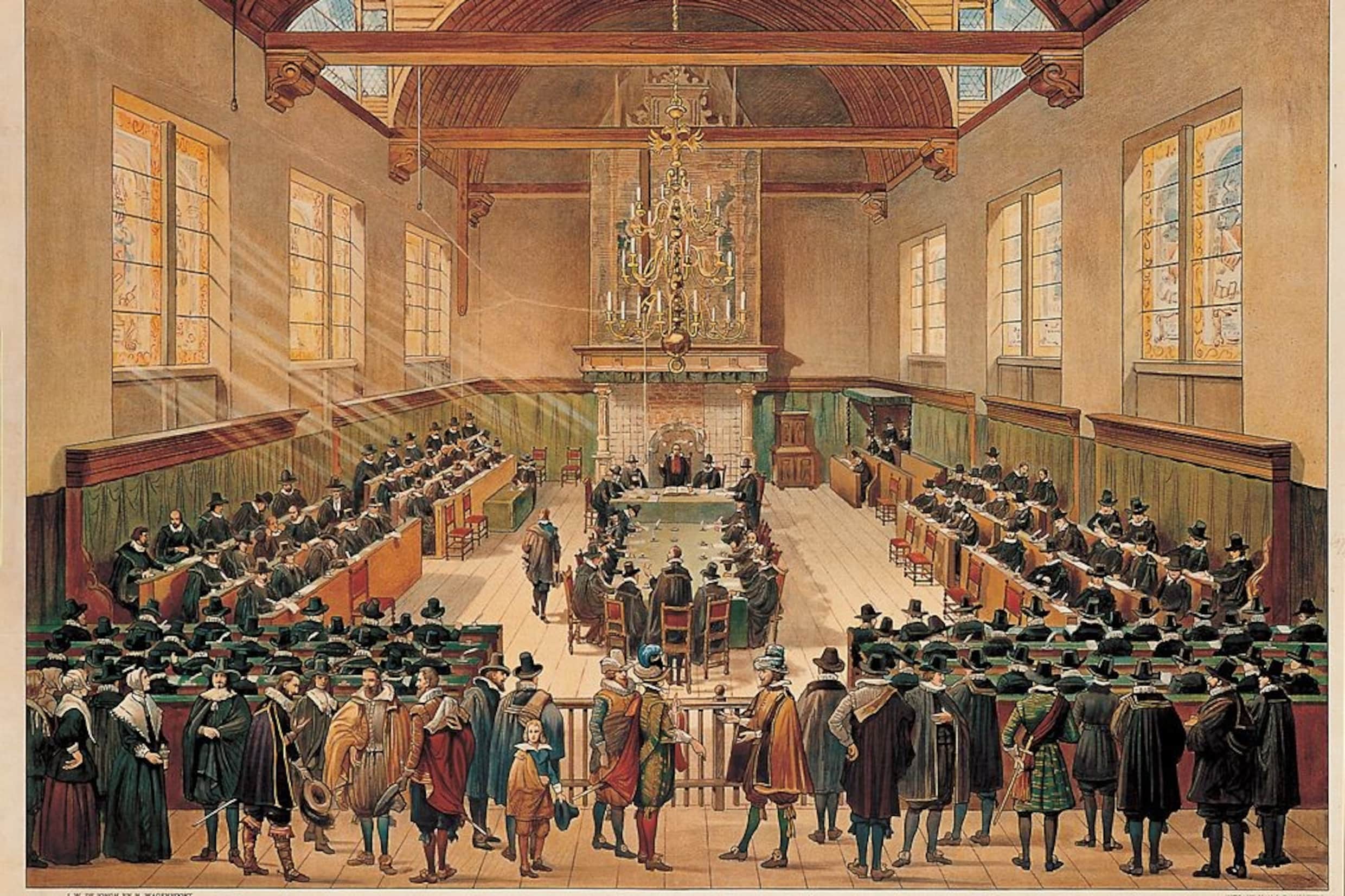 Begin 20ste-eeuwse schoolplaat van de Synode van Dordrecht in 1619. Vele afscheidingen van kerkgenootschappen wilden later terugkeren naar deze kerkorde.