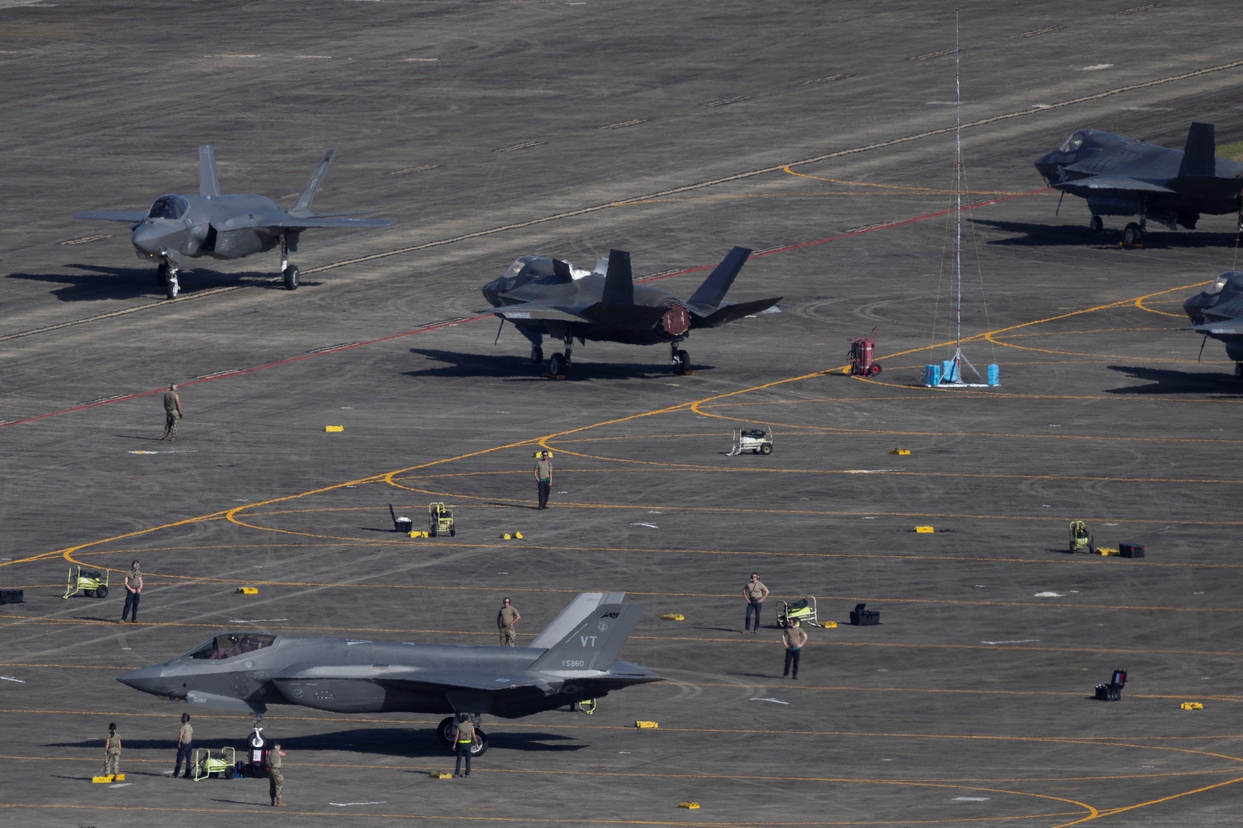 Amerikaanse F-35’s op een luchtmachtbasis in de Cariben. De VS hebben hun militaire aanwezigheid in het gebied flink opgevoerd.