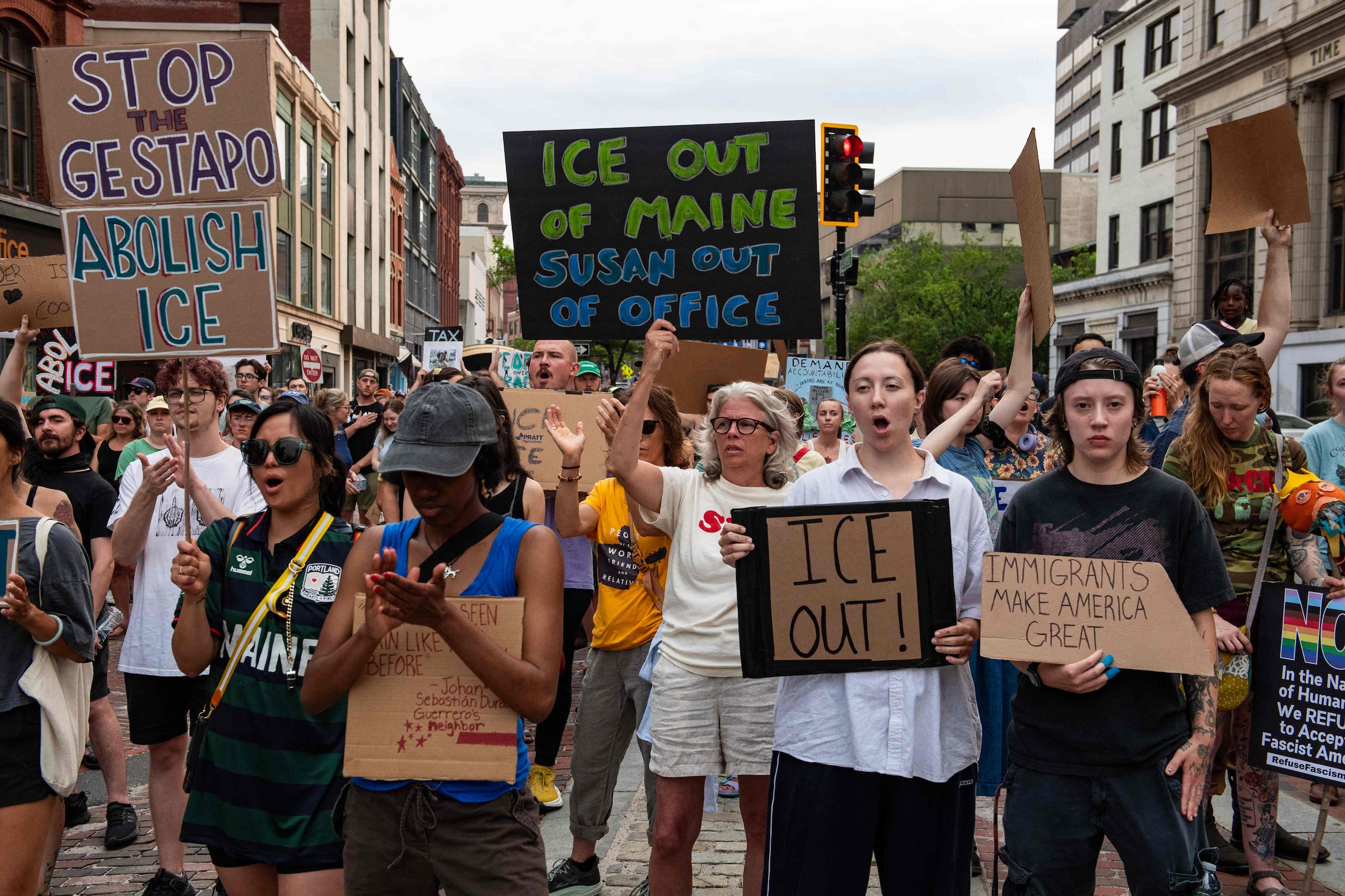 Een demonstratie tegen ICE in Portland, waar een 26-jarige man werd doodgeschoten door ICE-agenten. Foto genomen op 14 juli.