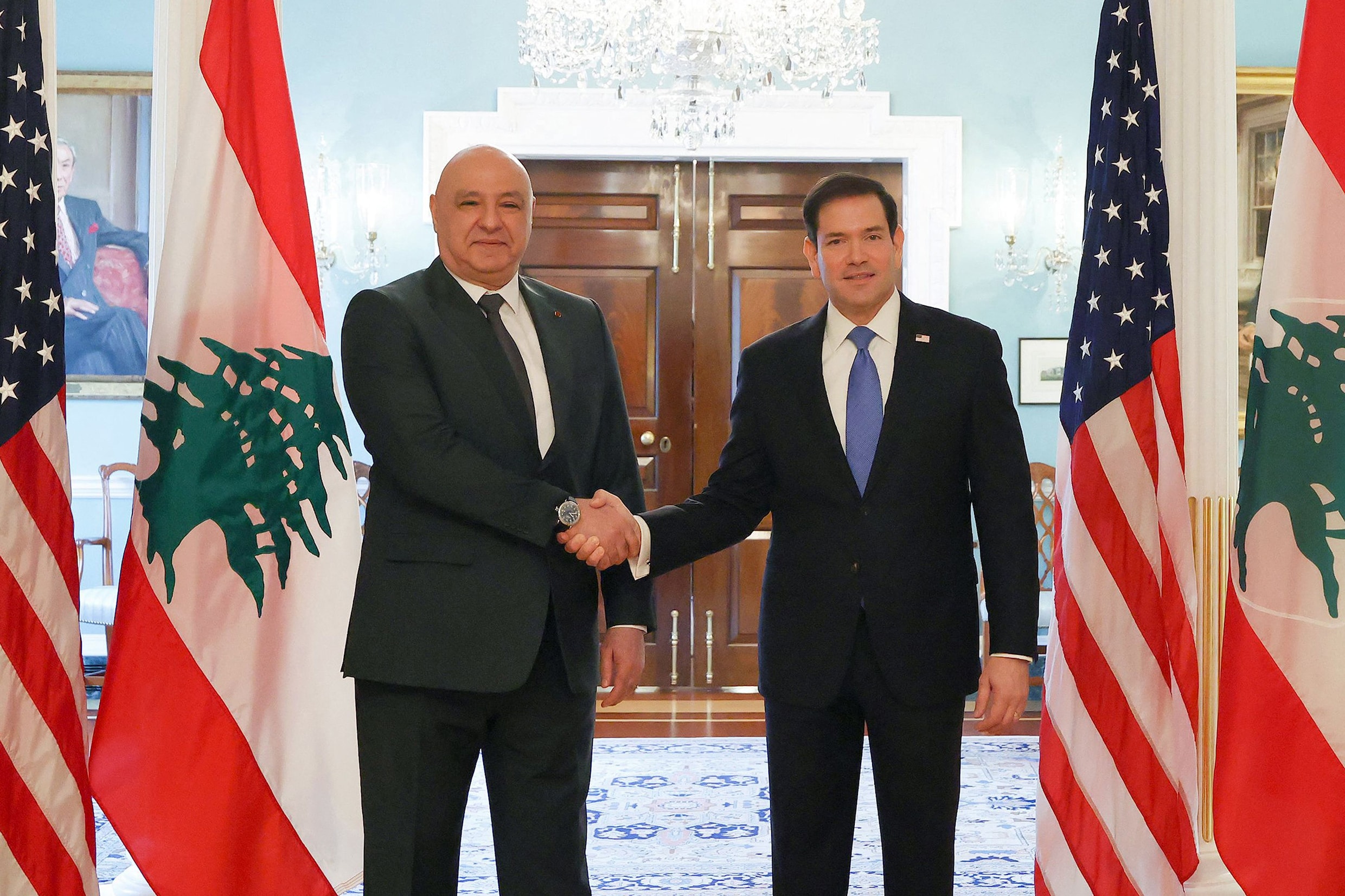 De Libanese president Joseph Aoun en de Amerikaanse minister van Buitenlandse Zaken Marco Rubio. 