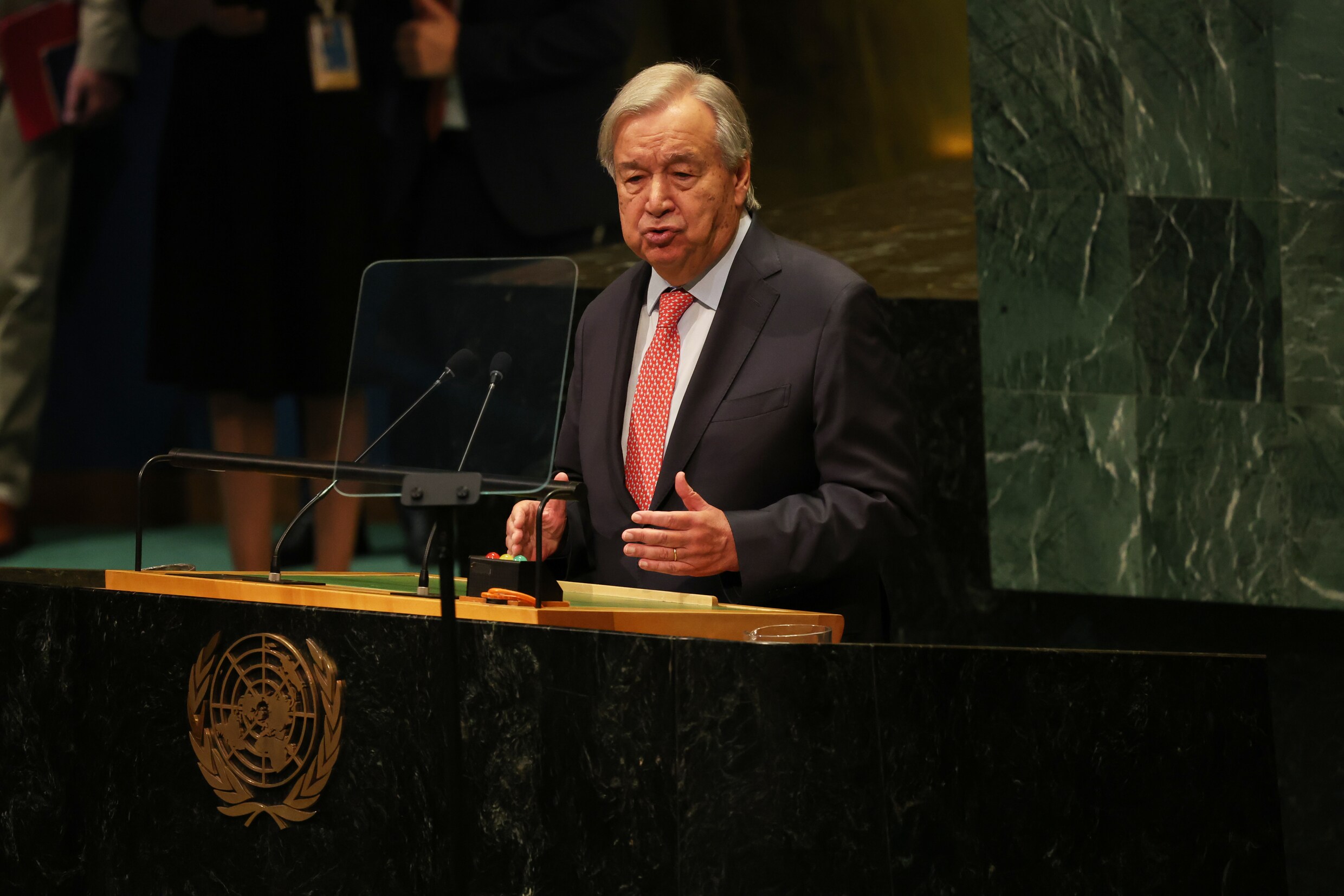 De secretaris-generaal van de Verenigde Naties, António Guterres, tijdens de Algemene Vergadering van de VN in New York. 