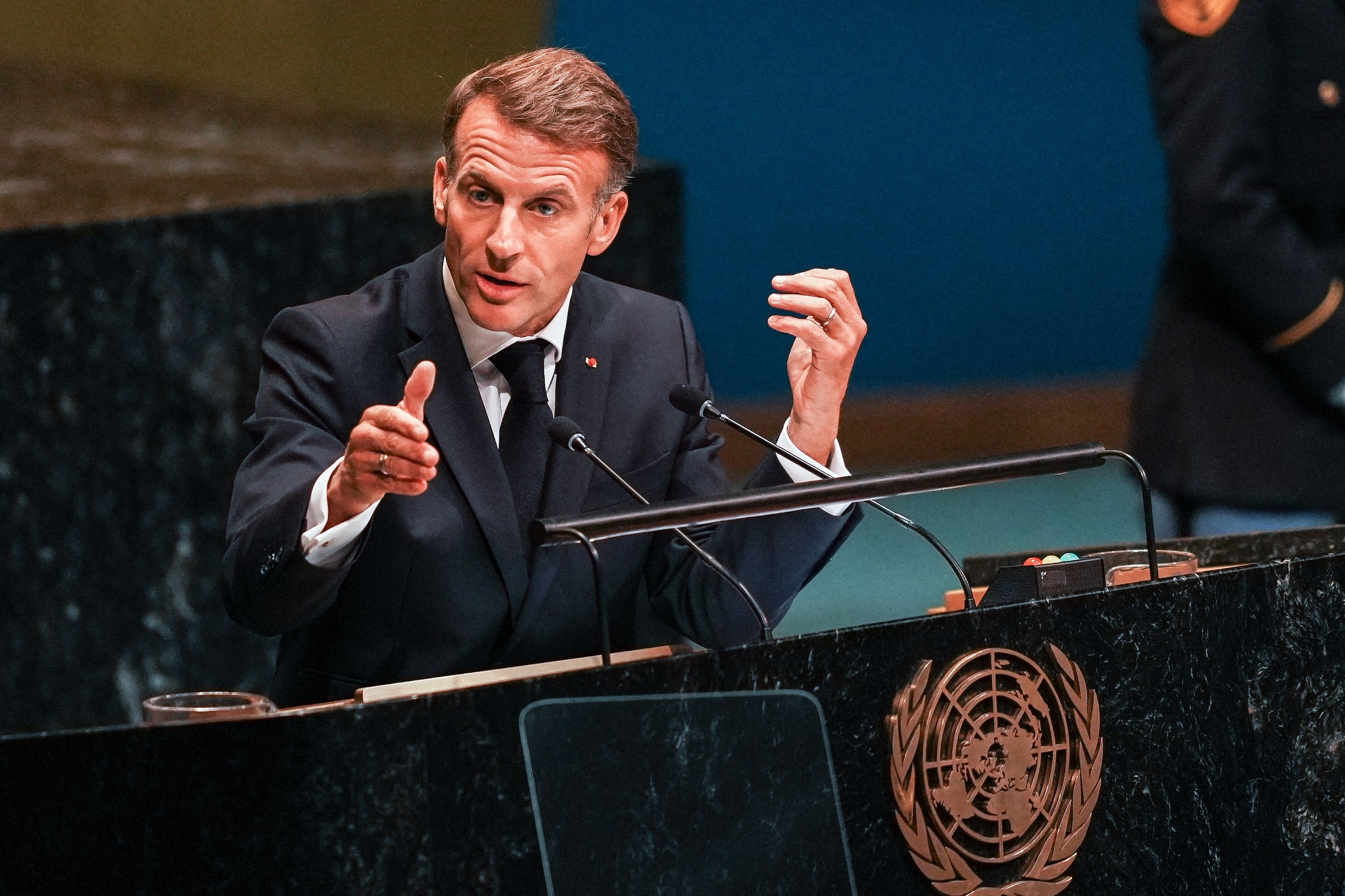De Franse president Emmanuel Macron tijdens de Algemene Vergadering van de Verenigde Naties in New York.