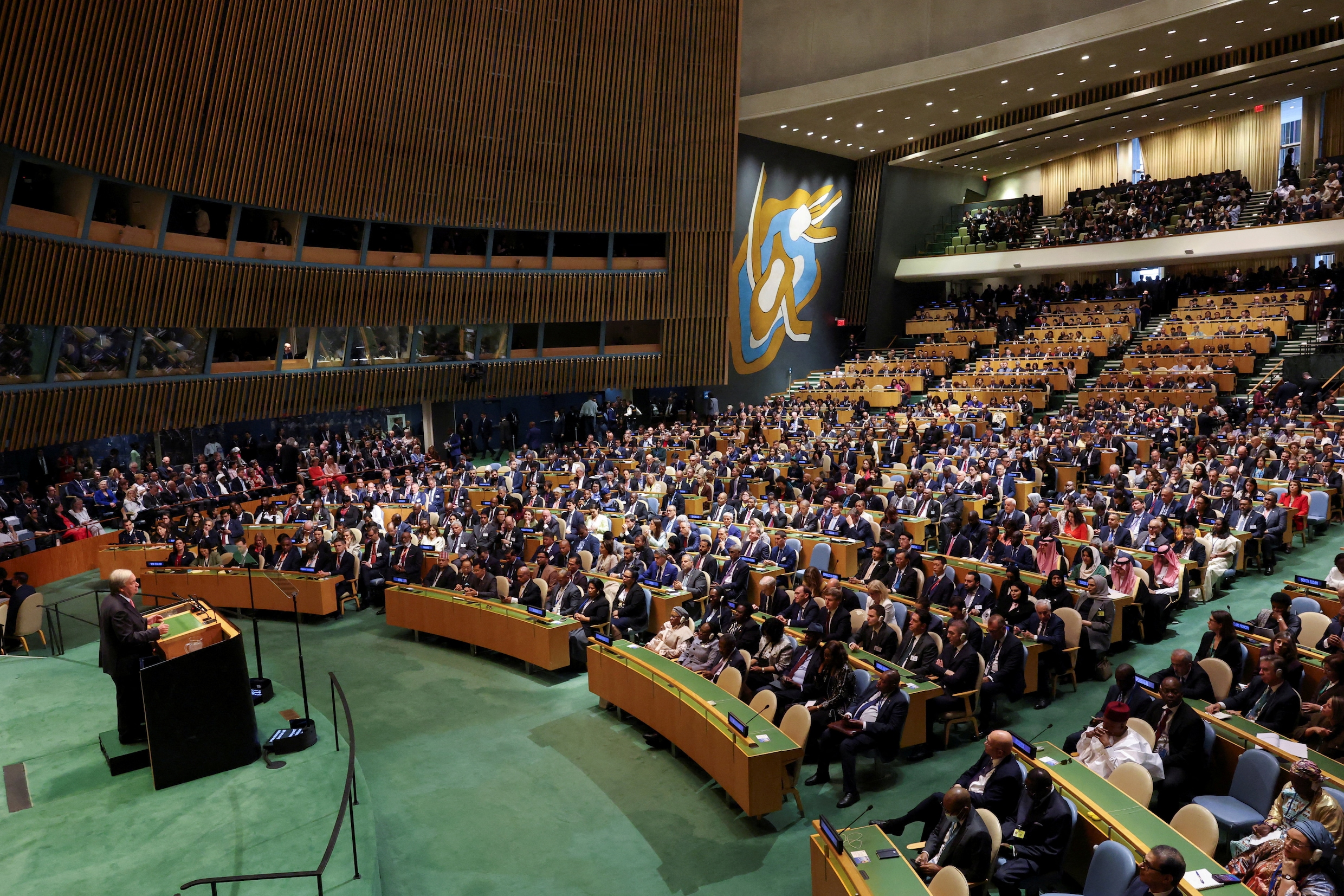VN-Secretaris-Generaal António Guterres spreekt afgelopen maandag de Algemene Vergadering toe. 
