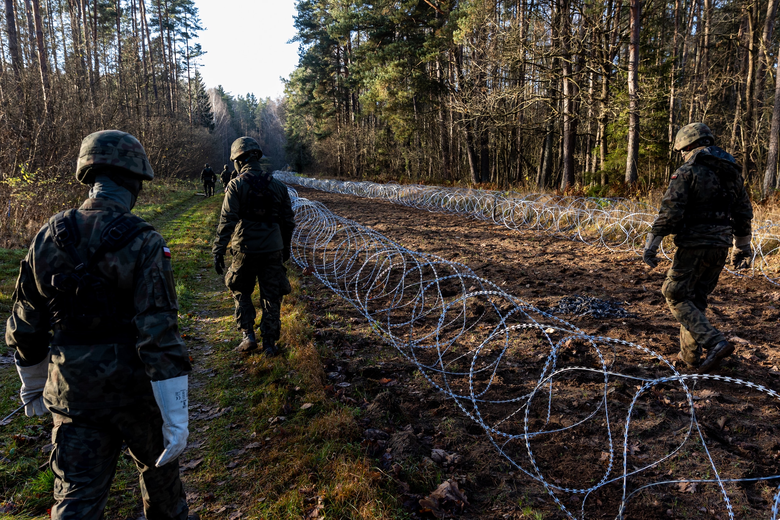Poolse militairen leggen prikkeldraad neer bij de grens met Kaliningrad.