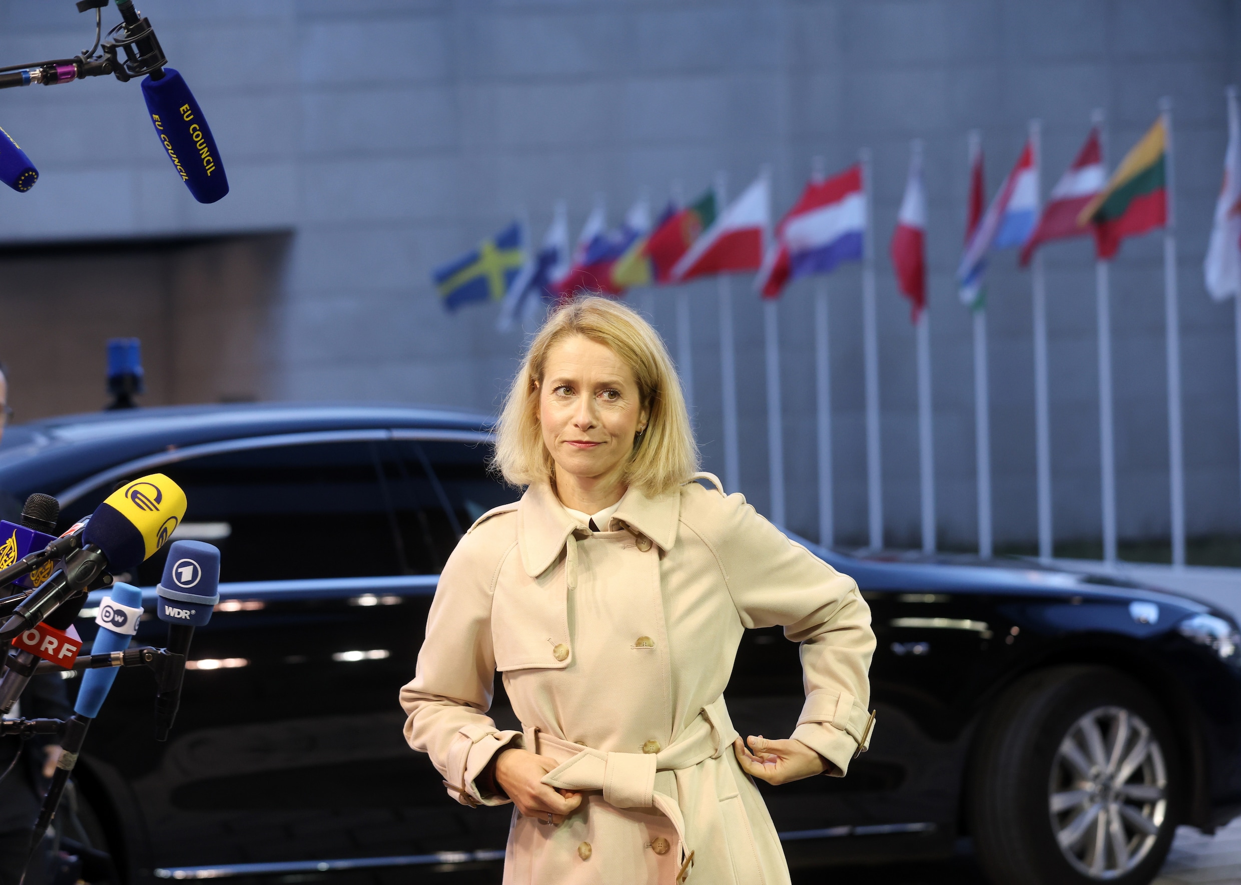 EU-buitenlandschef Kaja Kallas komt aan bij het overleg van de ministers van Buitenlandse Zaken vandaag. 