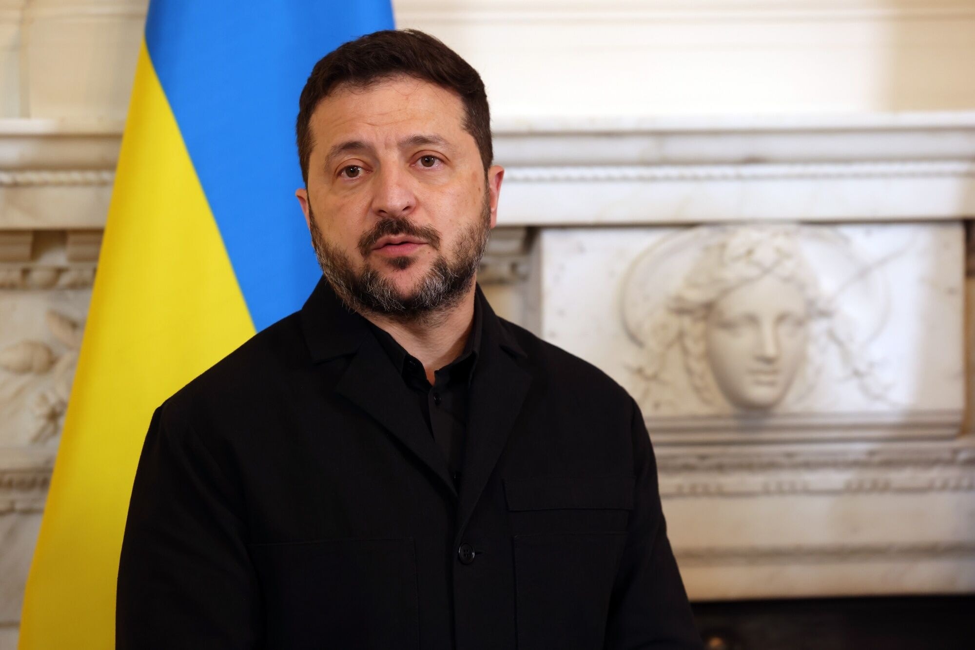 De Oekraïense president Zelensky in Londen gisteren. 